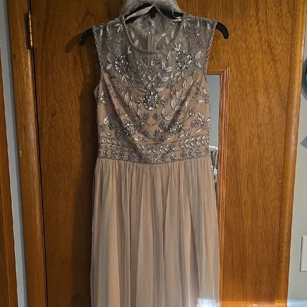 Adrianna Papell Silver and Cream Maxi Dress